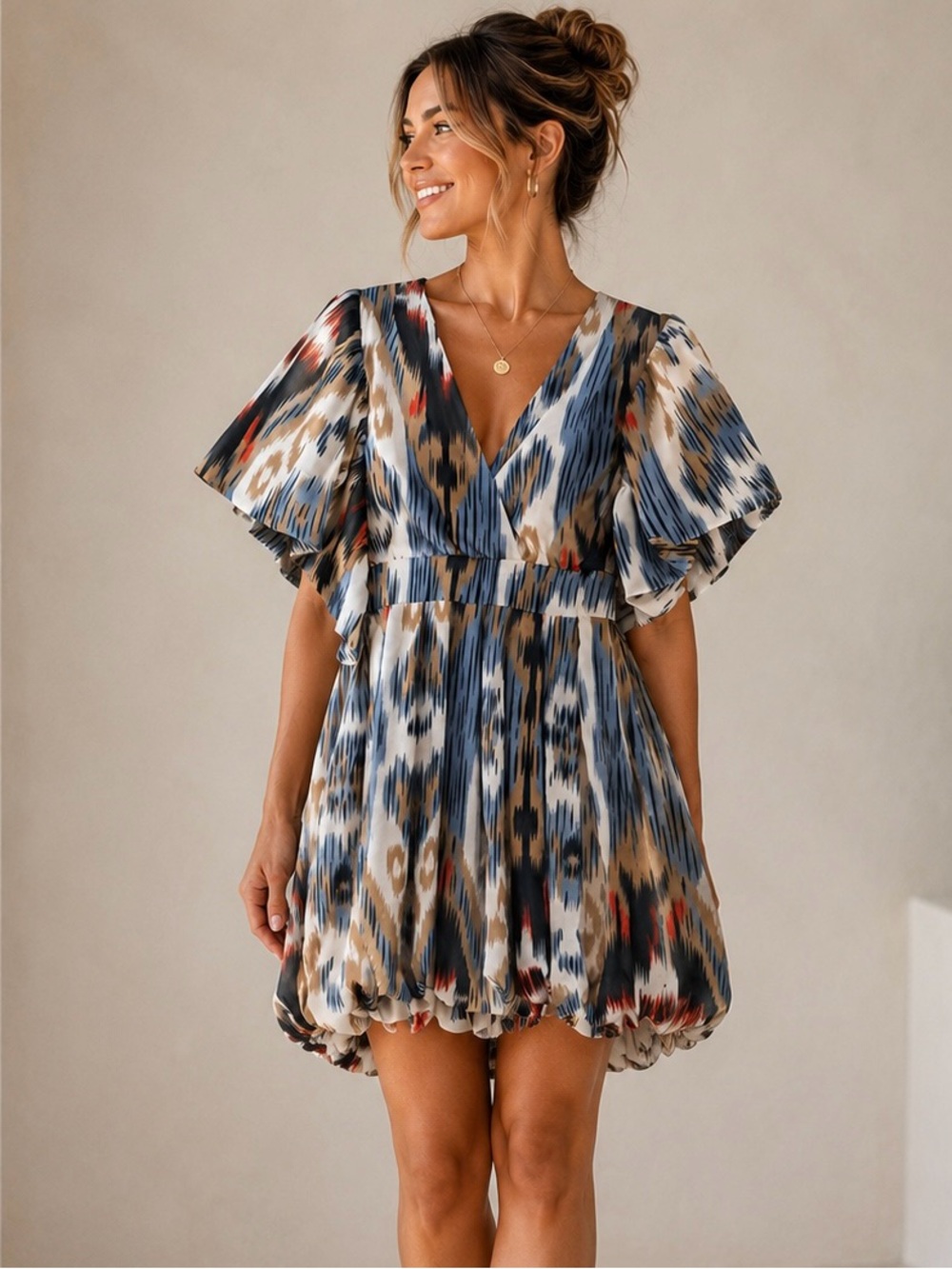 Fumblin Foe Abstract Ikat Print Bubble Hem Mini Dress Puff Sleeve V Neck Large